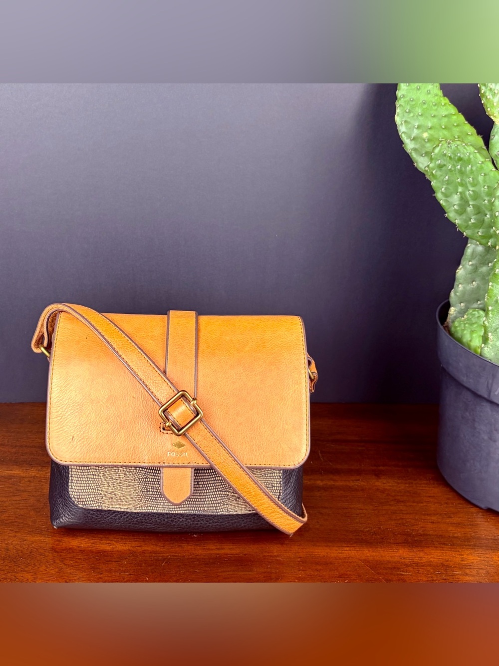 Fossil Kinsley Leather Tan Color Block Crossbody Boho Minimalist Summer Slay